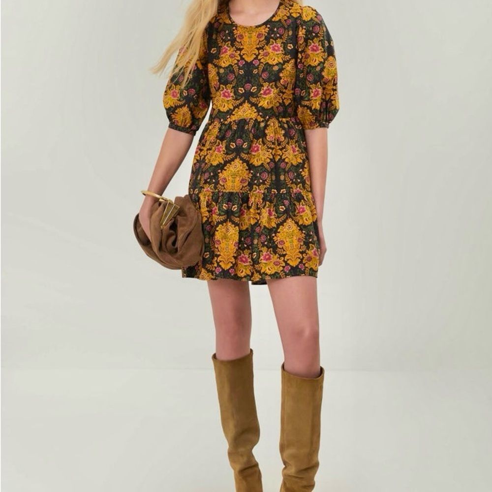 NEW FARM Rio Arabesque Floral Black Puff Sleeve Mini Dress Baby Doll Size XL